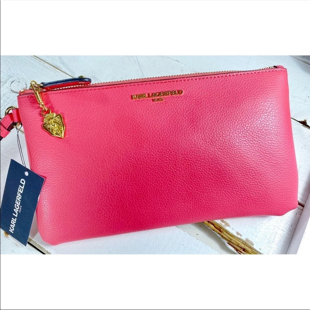 Authentic Karl Lagerfield Coral Leather Wristlet Pouch